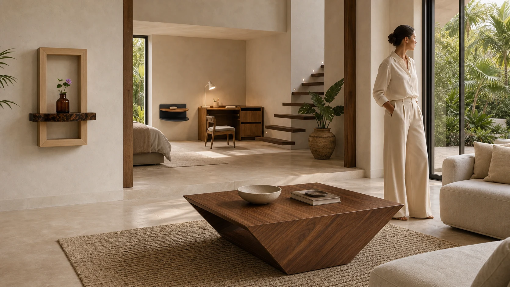 Colección Lumina integrada en una residencia contemporánea con mesa Vértice, repisa Umbral, buró Axel y escritorio Nido